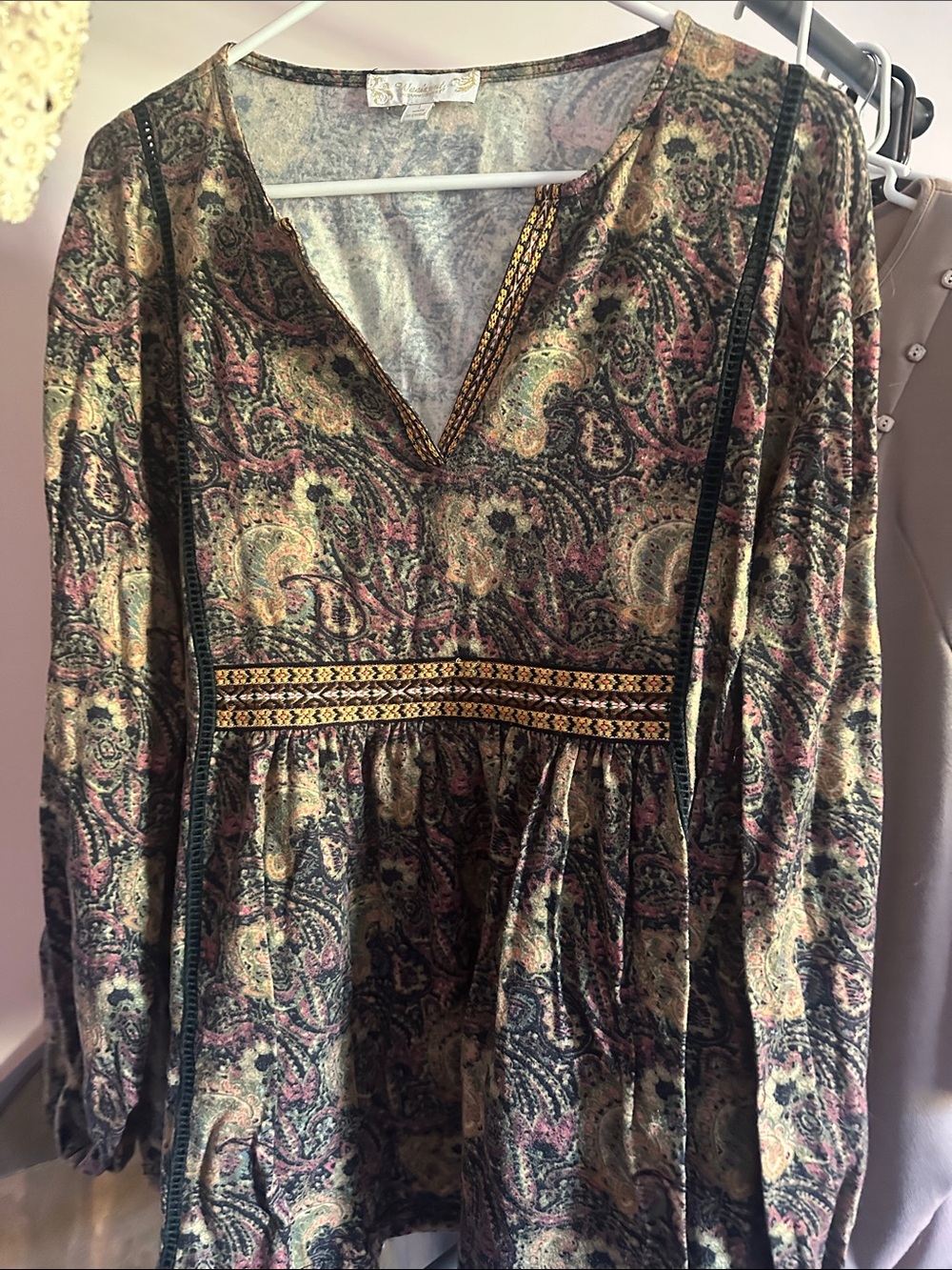 Boho Paisley V-Neck Long Sleeve Dress in Olive and Dusty Pink